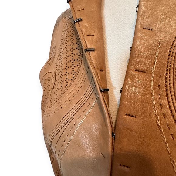 ELIE TAHARI X BERGDORF GOODMAN Cognac Ornate Leather Jacket, Size Small - Picture 8 of 13